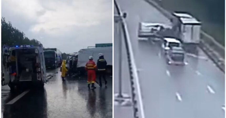 video accident grav de pe a1 arad momentul in care un autotren un microbuz si autoutilitara de 35 tone se ciocnesc 68260b2157790