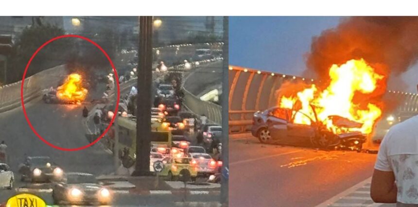 foto video la un pas de tragedie o masina a luat foc pe podul de la butelii in ce stare se afla soferul 6877f3851ed03