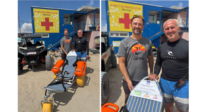 premiera pe plaja belona din eforie persoanele cu dizabilitati pot ajunge la mare cu ajutorul unui fotoliu special oferit de un ong 688a21dccabef