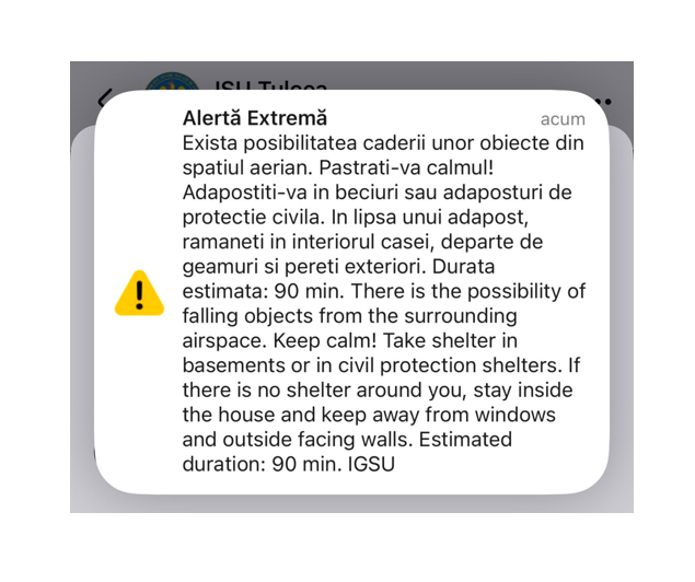 alerta extrema locuitorii din nordul judetul tulcea au primit un mesaj ro alert legat de posibilitatea caderii unor obiecte din spatiul aerian 6a2dcb5a99273