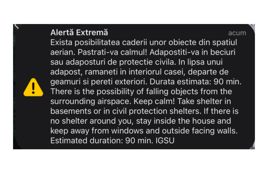 locuitorii din judetul tulcea avertizati din nou prin mesaj ro alert despre posibilitatea caderii unor obiecte din spatiul aerian 6a6f3ed3ba590